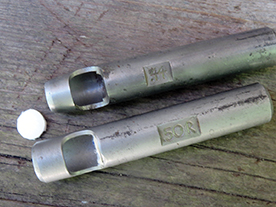 Here the .50-caliber punch is seen with an older .44-caliber punch that doesn’t have the “R” for rifle.